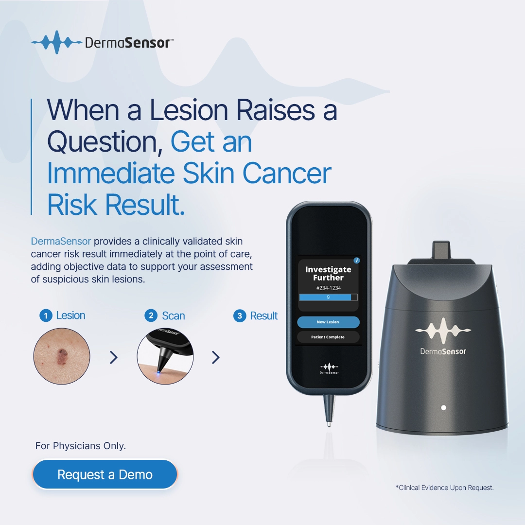 Can AI replace a dermatologist? DermaSensor handheld skin cancer detection device showing the lesion, scan and Investigate Further result steps