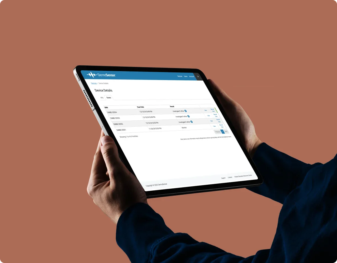 DermaSensor device portal showing lesion scan records with Investigate Further and Monitor results, supporting skin cancer detection in rural clinics
